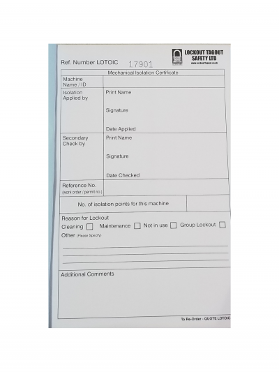 Custom- LT-ISOCERT A5 NCR Lockout Isolation Certificate Custom- LT-ISOCERT A5 NCR Lockout Isolation Certificate